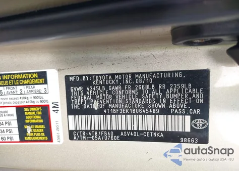 2011 Toyota Camry z USA, uszkodzony, nr VIN 4T1BF3EK1BU645489